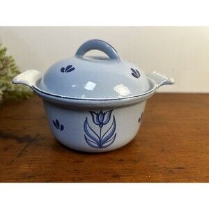 Vintage Enamel Cast Iron Dutch Oven Blue w Tulips White #12 Made In Holland